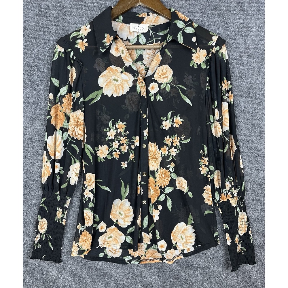 Ember Women's Black Boho Floral Blouse Size Medium